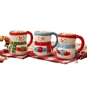 Snowman Mugs Set of 3 Multicolor Ceramic Holiday Christmas 12oz